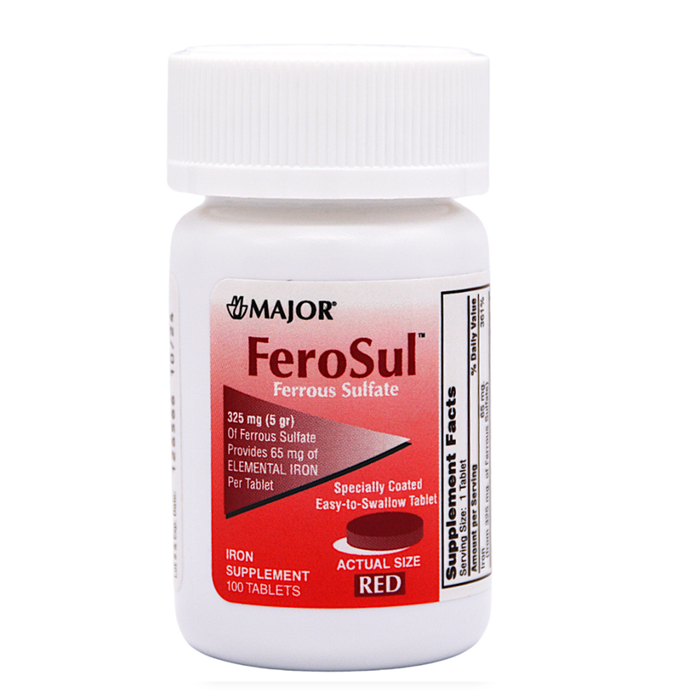 Major FeroSul 325 mg Ferrous Sulfate Iron Supplement - 100 Tablets | Feosol