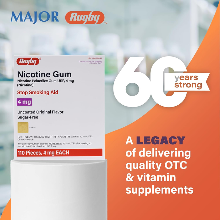 Rugby Nicotine Polacrilex Gum 4mg – Sugar Free Original Flavor – 110 Pieces | Stop Smoking Aid for Heavy Smokers