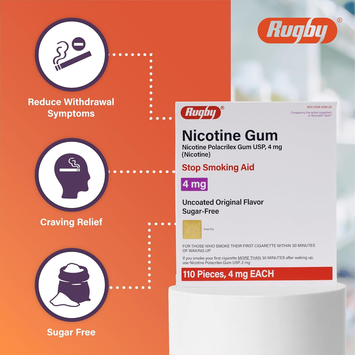 Rugby Nicotine Polacrilex Gum 4mg – Sugar Free Original Flavor – 110 Pieces | Stop Smoking Aid for Heavy Smokers