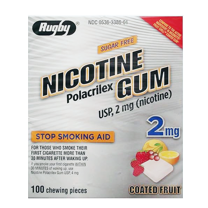 Rugby Nicotine Polacrilex Gum USP 2mg Sugar-Free Coated Fruit Flavor 100 Pieces