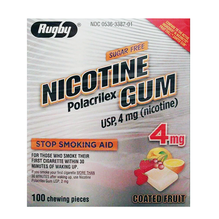 Rugby Nicotine Polacrilex Gum USP 4mg Sugar Free Coated Fruit Flavor 110 Pieces