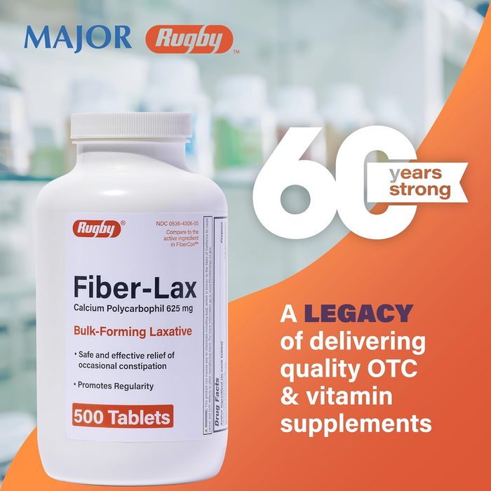 Rugby Fiber-Lax Calcium Polycarbophil 625 mg – 500 Tablets | Bulk Fiber Supplement for Constipation Relief & Digestive Regularity