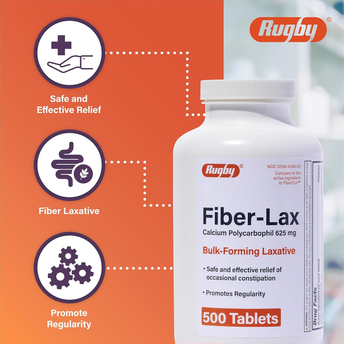 Rugby Fiber-Lax Calcium Polycarbophil 625 mg – 500 Tablets | Bulk Fiber Supplement for Constipation Relief & Digestive Regularity