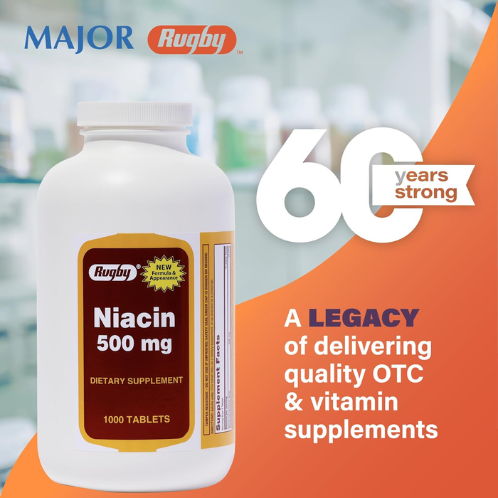 Rugby Niacin Dietary Supplement – 500mg, 1000 Tablets | Supports Cardiovascular Health & Energy Metabolism
