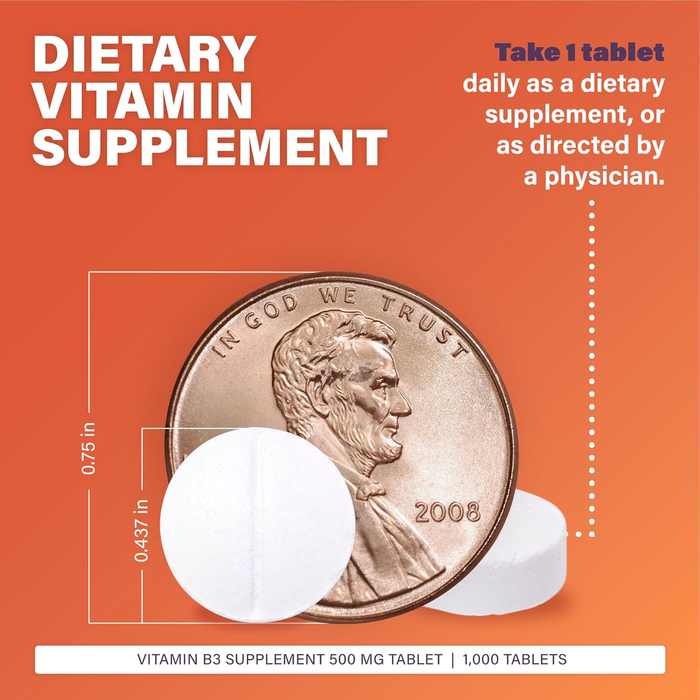 Rugby Niacin Dietary Supplement – 500mg, 1000 Tablets | Supports Cardiovascular Health & Energy Metabolism