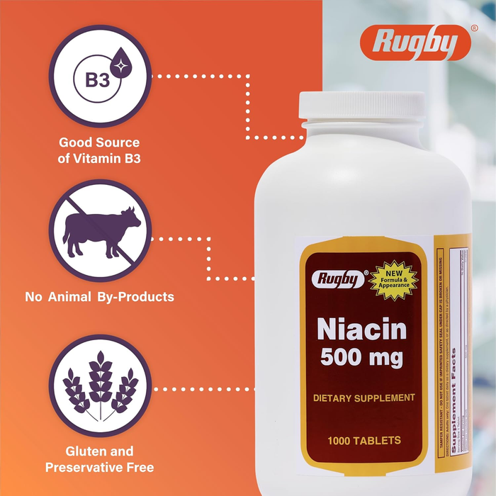 Rugby Niacin Dietary Supplement – 500mg, 1000 Tablets | Supports Cardiovascular Health & Energy Metabolism