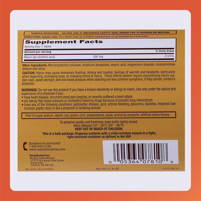 Rugby Niacin Dietary Supplement – 500mg, 1000 Tablets | Supports Cardiovascular Health & Energy Metabolism
